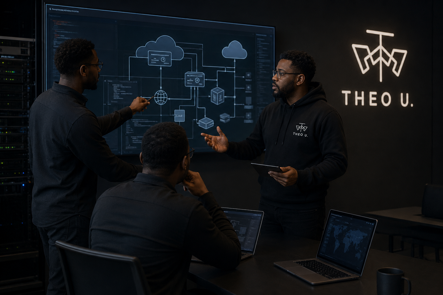 Black technology professionals reviewing cloud infrastructure and system architecture together