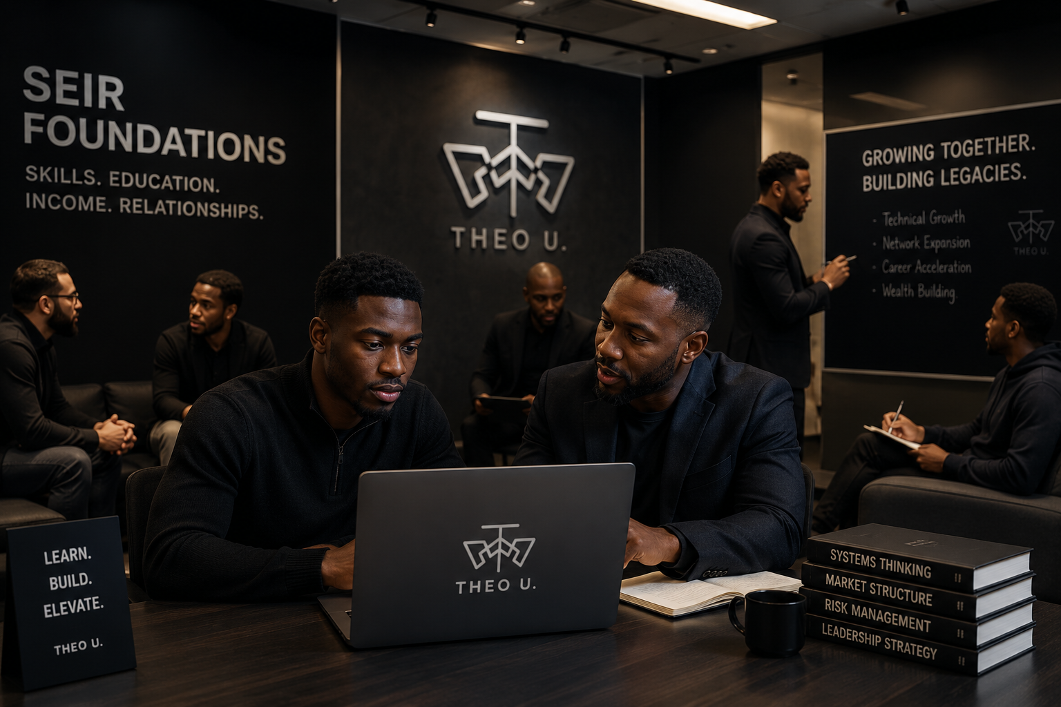 Black technology professionals collaborating and mentoring in the Theo University community